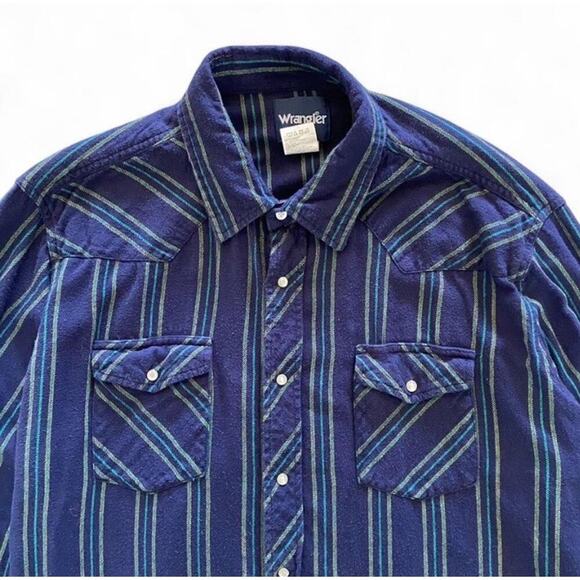 Vintage Wrangler Blue Green Stripe Flannel Button-Up with pearl snaps size XXL - Picture 2 of 6